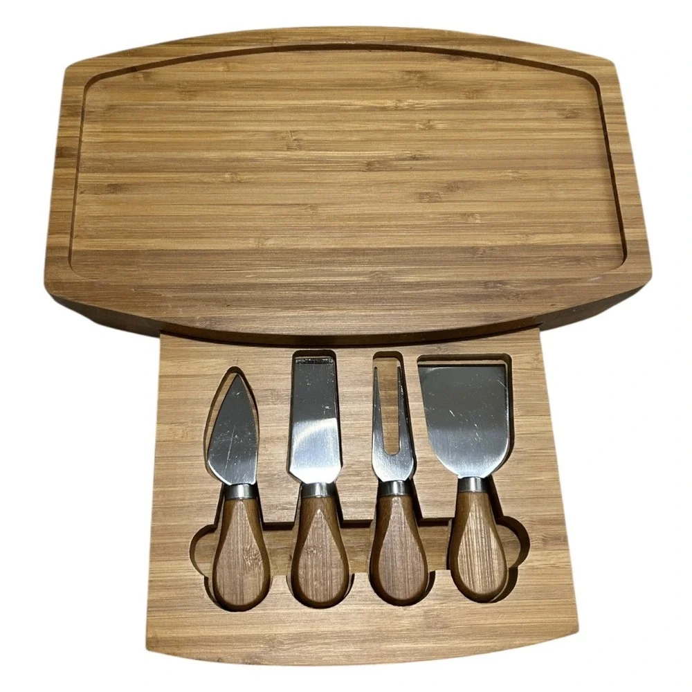 B. SMITH Cheese Board Set - Bamboo Marble w/ Hidden Drawer & 4 Utensils NIB